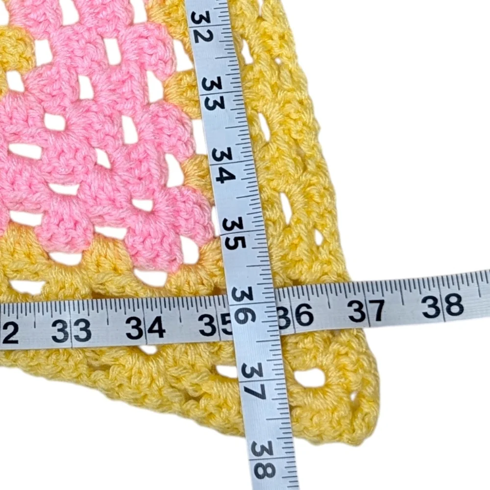 Vintage Crochet Baby Blanket Granny Square Star Shaped Pink Yellow 37